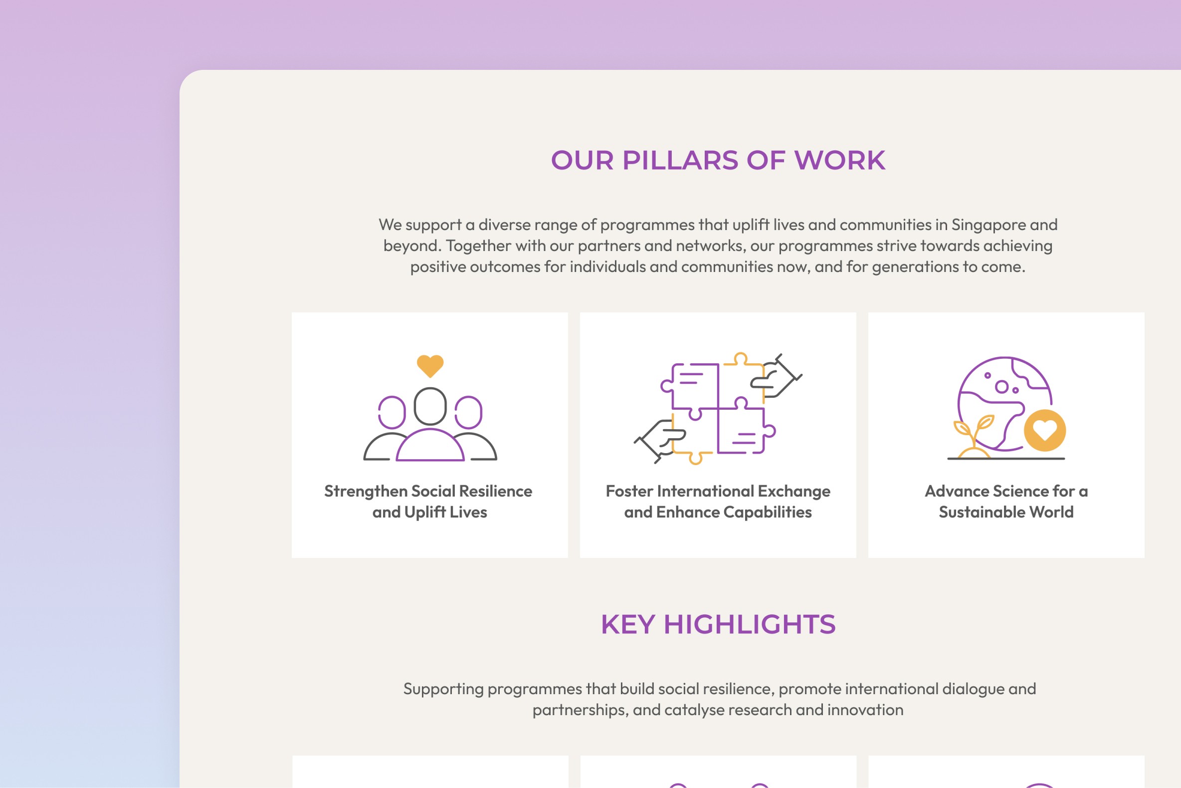 A browser showing Temasek Foundation's 'Our Pillars of Work'