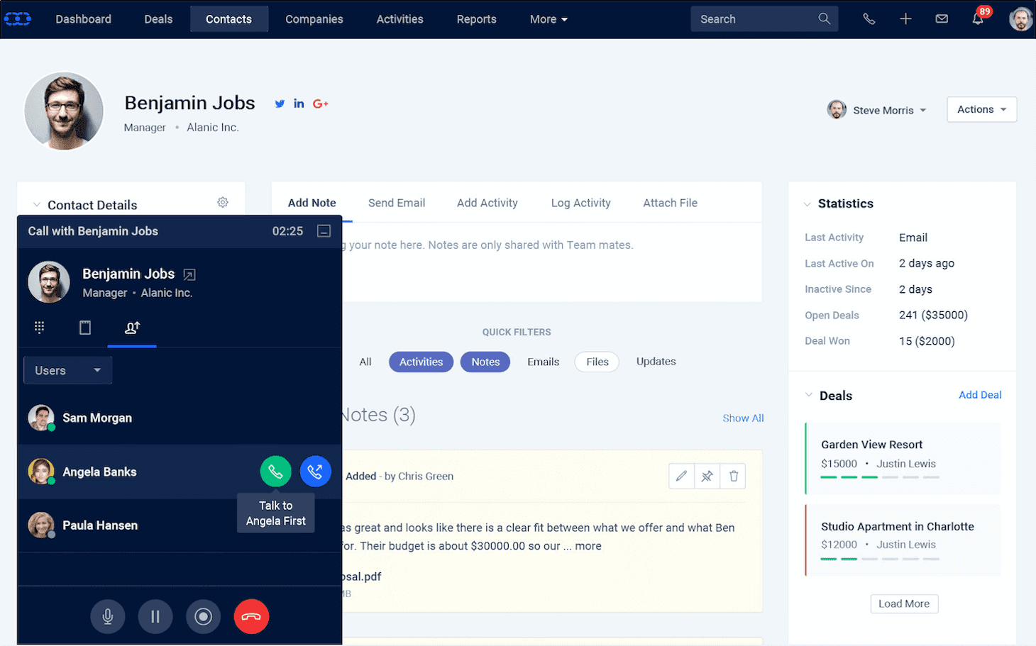 interface of Salesmate CRM system
