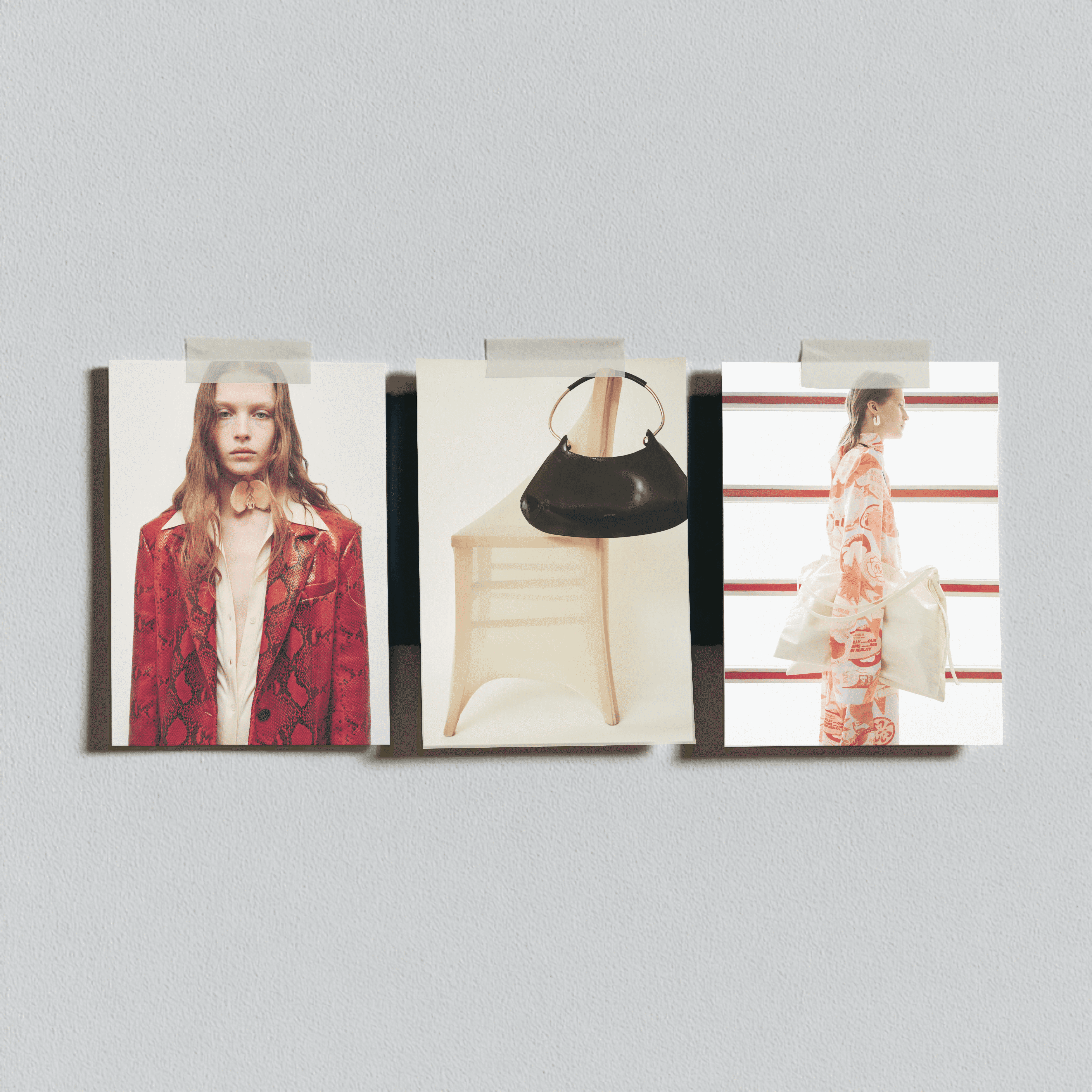 Minimal moodboard photo mockups taped against a neutral wall — available in one, three, and four-photo arrangements. Designed for creative direction boards and brand presentations, these mockups balance tactile realism with editorial composition. Each variation captures film-like texture, studio lighting, and subtle imperfections that give a human, crafted feel to digital design work.