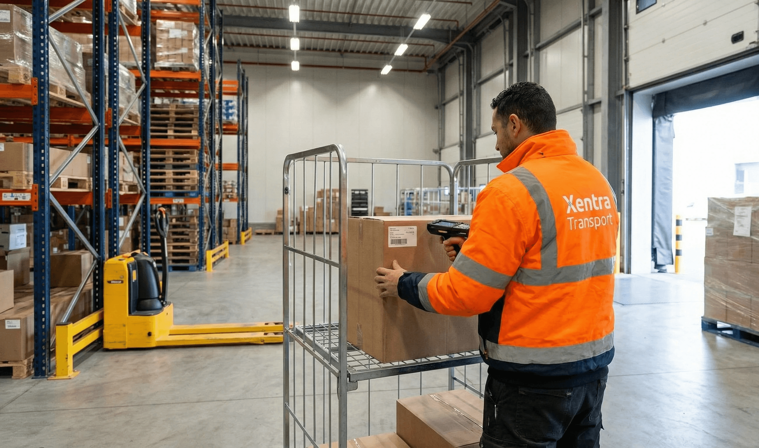 scans a labeled carton on a rolling cart near warehouse racking and dock door.