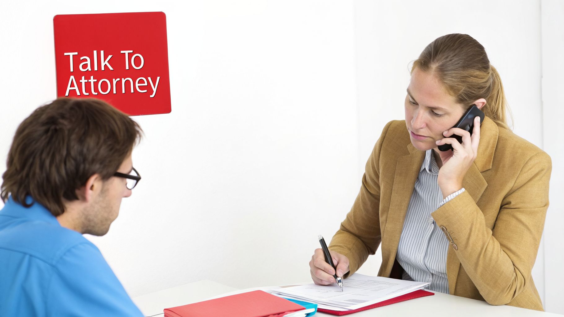 A woman on the phone and writing, facing a man, with a 'Talk To Attorney' sign.