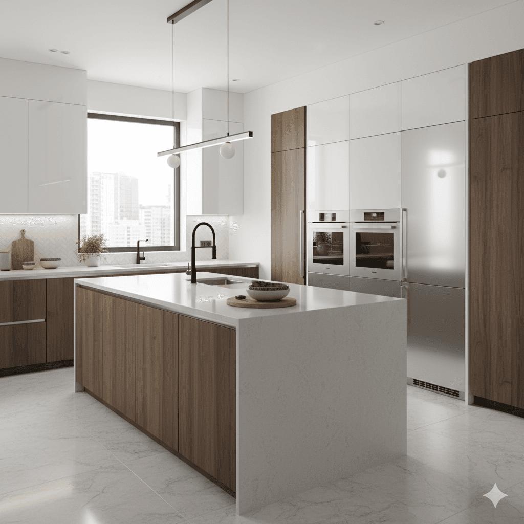 Elegant modular kitchen with sleek European cabinetry at The Address Noida