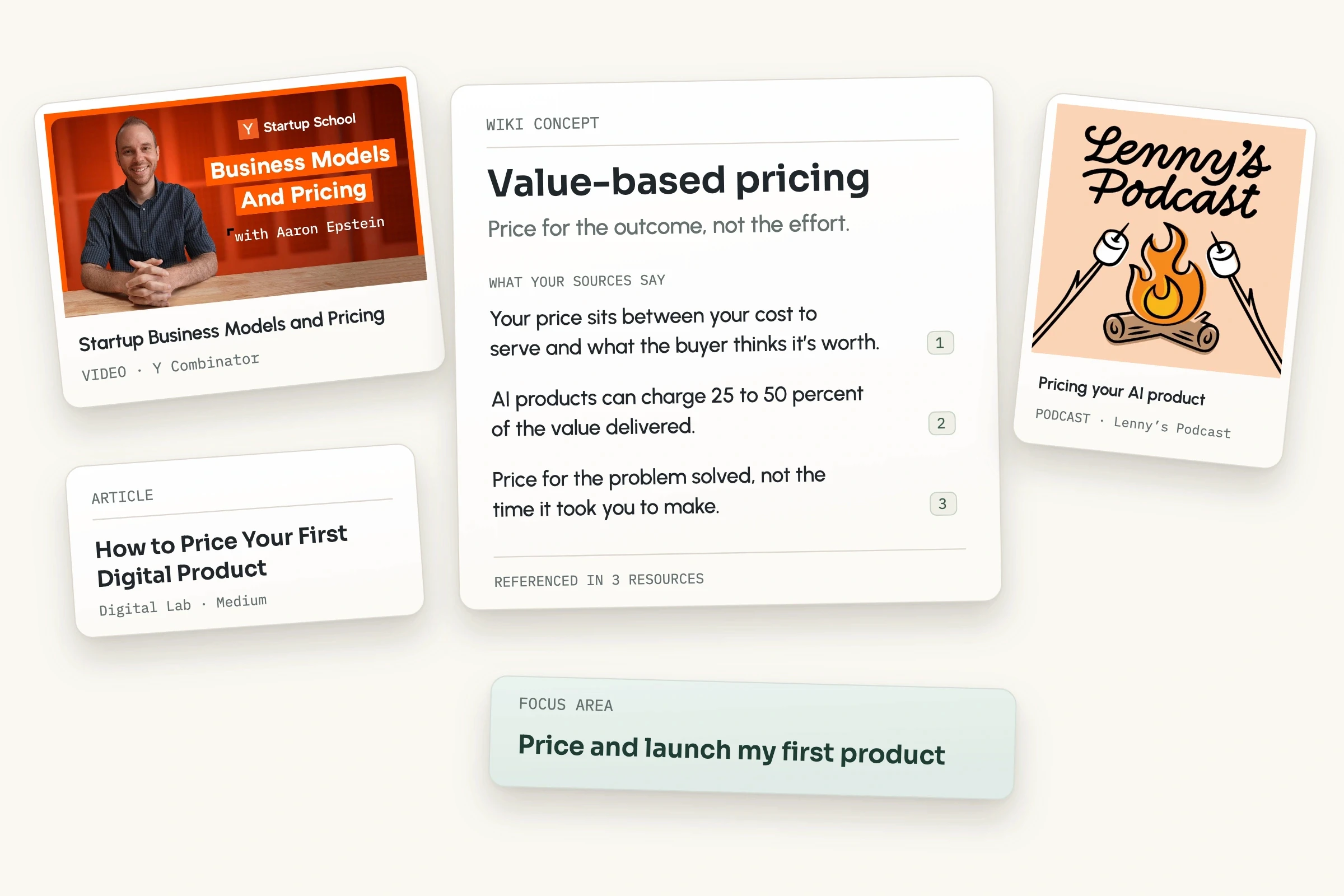 An idea page on value-based pricing, linked to a lecture, a podcast, and an article that all mention it