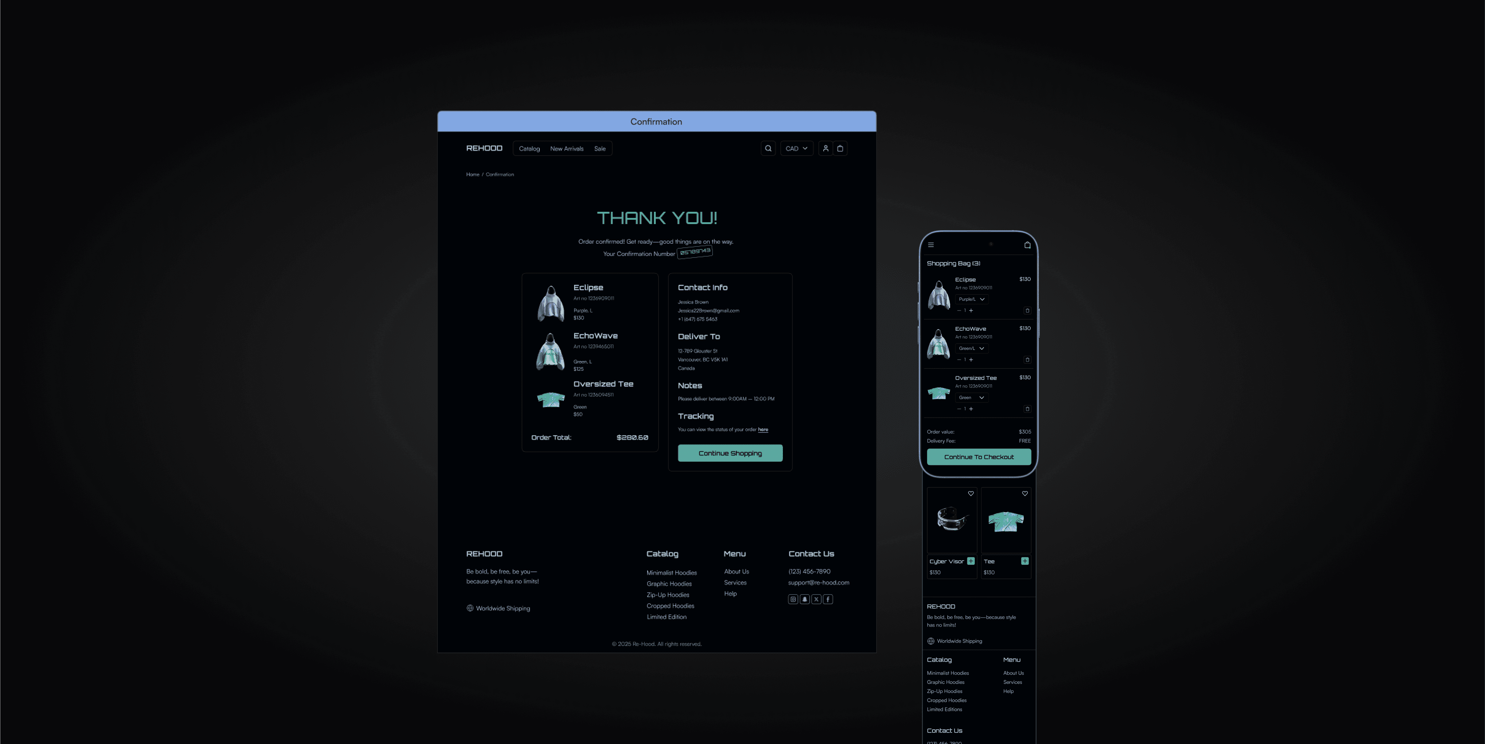 Eco-fashion checkout page and order confirmation screens on dark UI with responsive mobile layout.