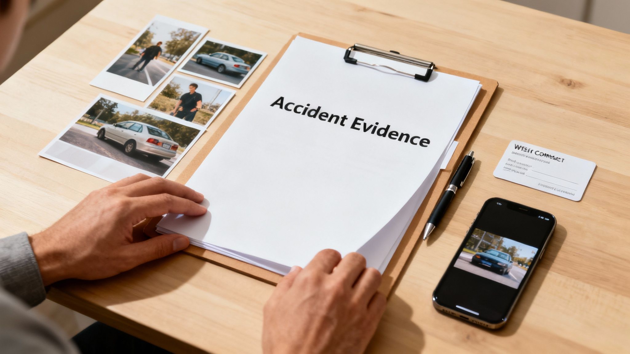 Person reviewing accident evidence documents with photographs and smartphone on wooden desk