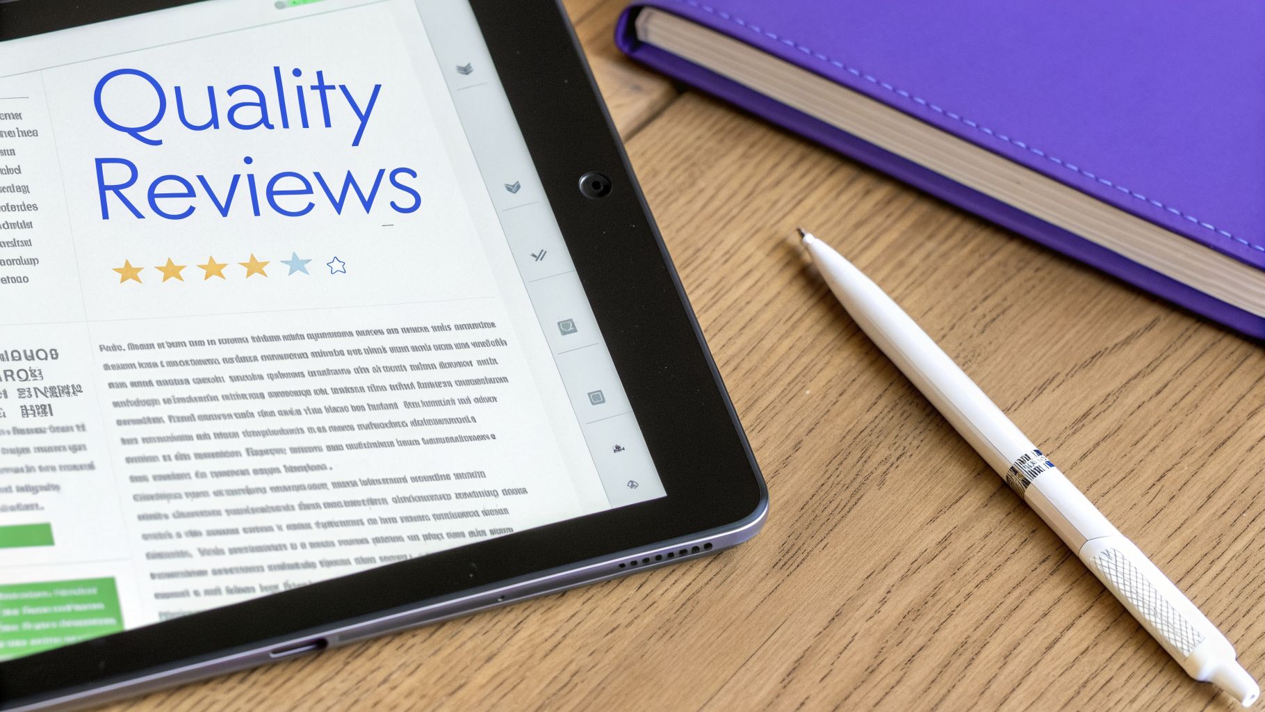 Tablet displaying 'Quality Reviews' with star ratings, next to a pen and purple notebook on a wooden desk.