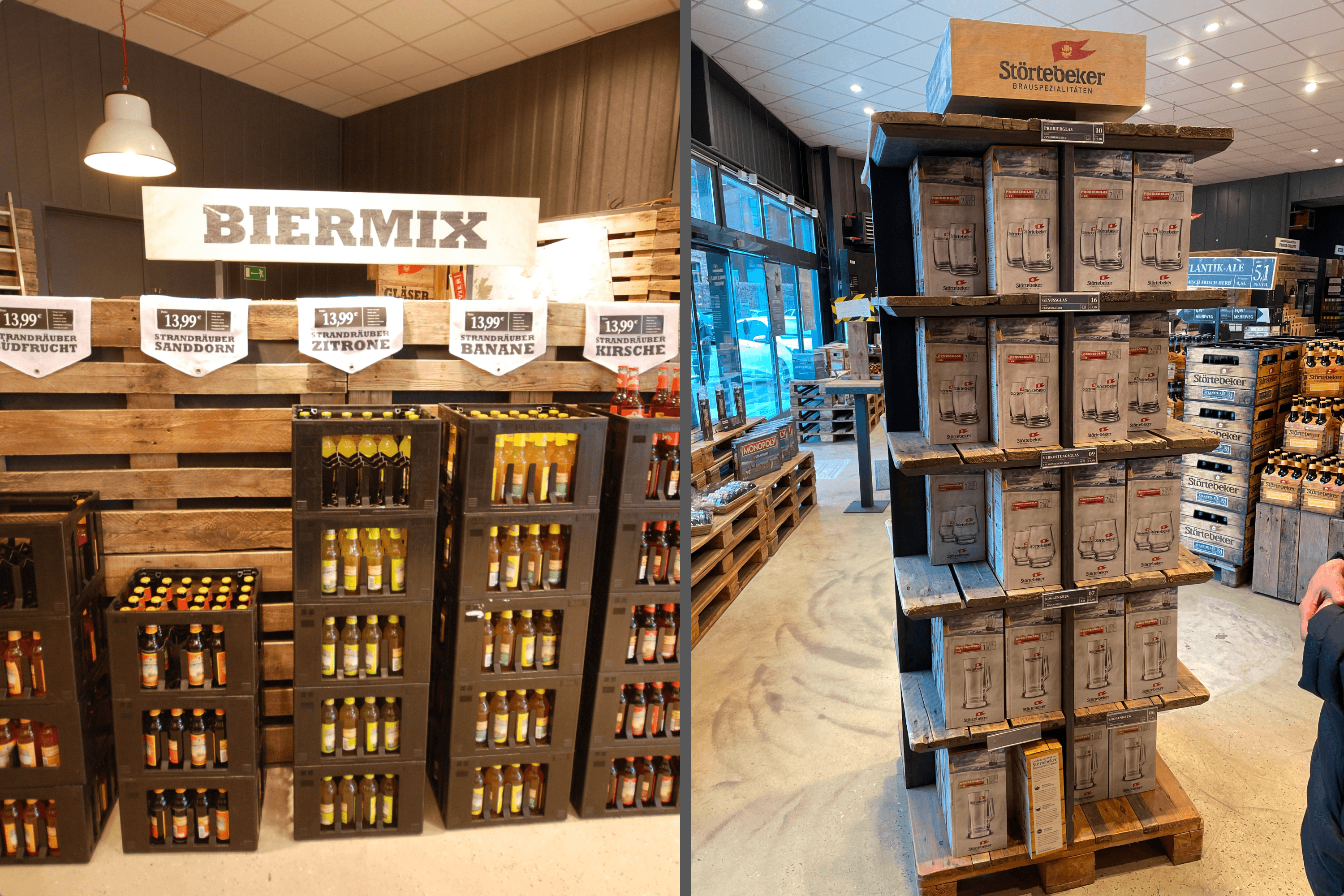 Beer and glasses display in a store.