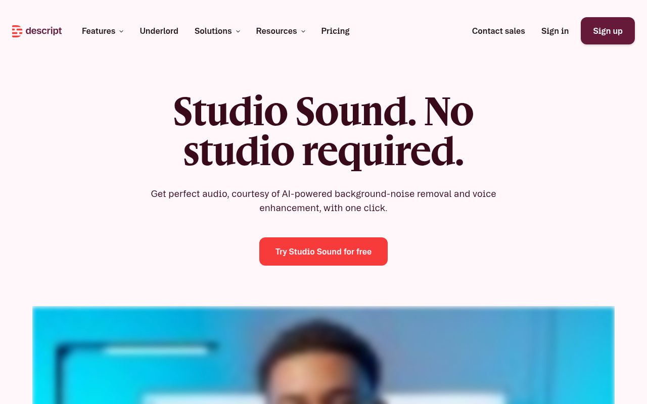 Descript Studio Sound feature page showing one-click AI audio cleanup for background noise and echo