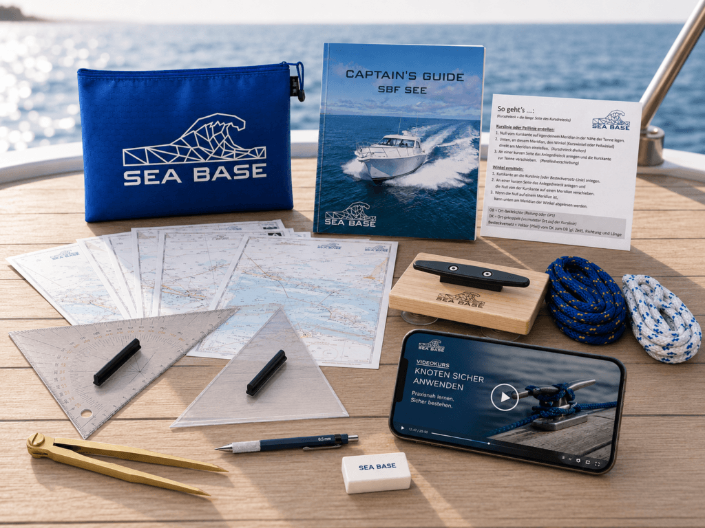 SEA BASE Kursbundle mit Kursdreieck, Zirkel, Seekarte und Tampen