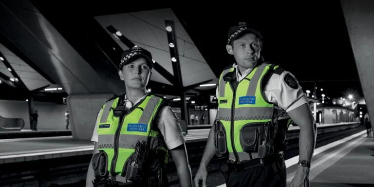 Two Victoria Police protective services officers on a night train platform, black and white with yellow hi-vis vests