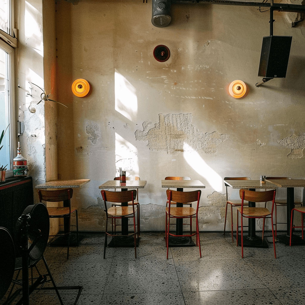 Restaurant interior with wooden tables and chairs lined against a textured wall, softly lit by round wall lamps.