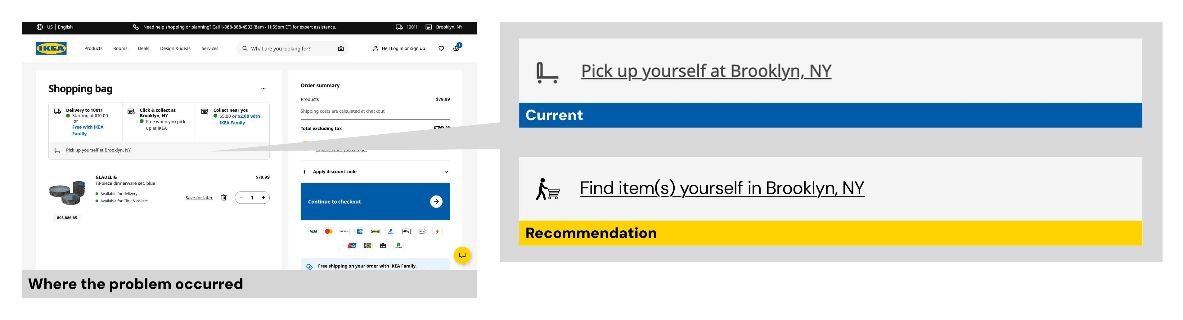 Before and after comparison of the in-store pickup link: current label 'Pick up yourself at Brooklyn, NY' replaced with 'Find item(s) yourself in Brooklyn, NY' with an updated icon.