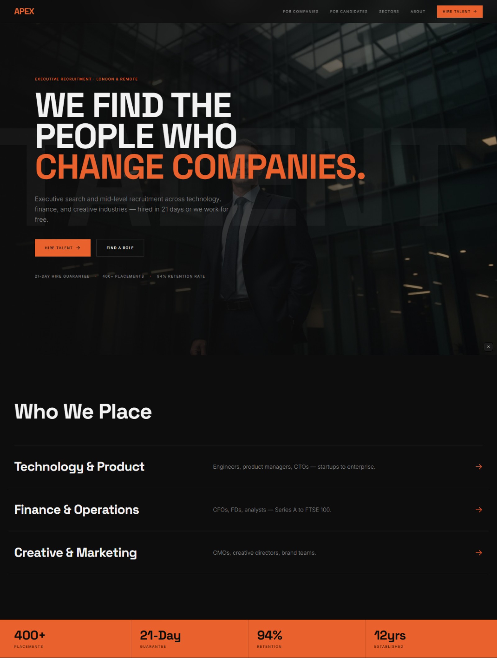 Recruitment agency website prompt — dark near-black and electric orange executive recruitment talent agency website design preview