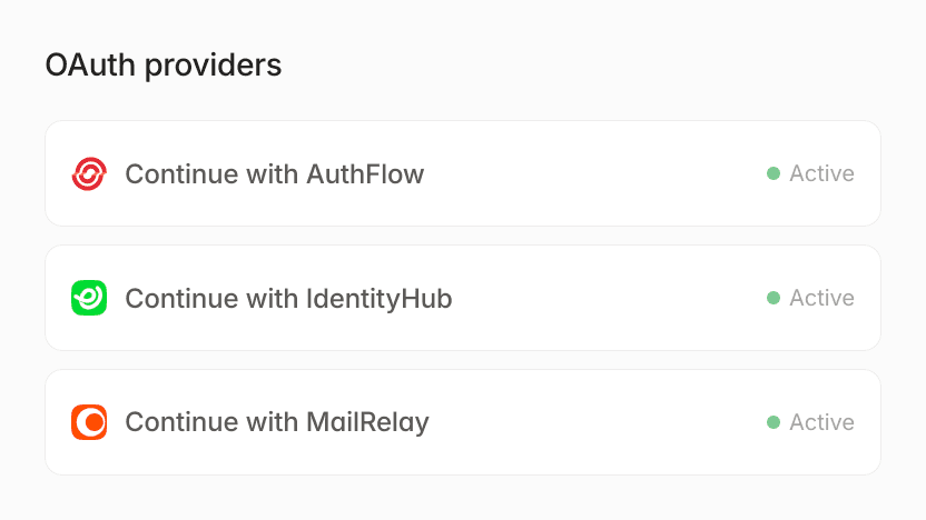 OAuth providers: Continue with AuthFlow, IdentityHub, and MailRelay, all active.