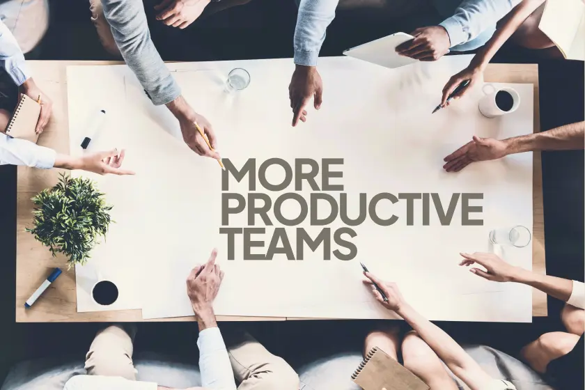 SelfCommunity blog image showing a diverse team collaborating on a strategy document reading "MORE PRODUCTIVE TEAMS," emphasizing community management, internal communication, and organizational collaboration.