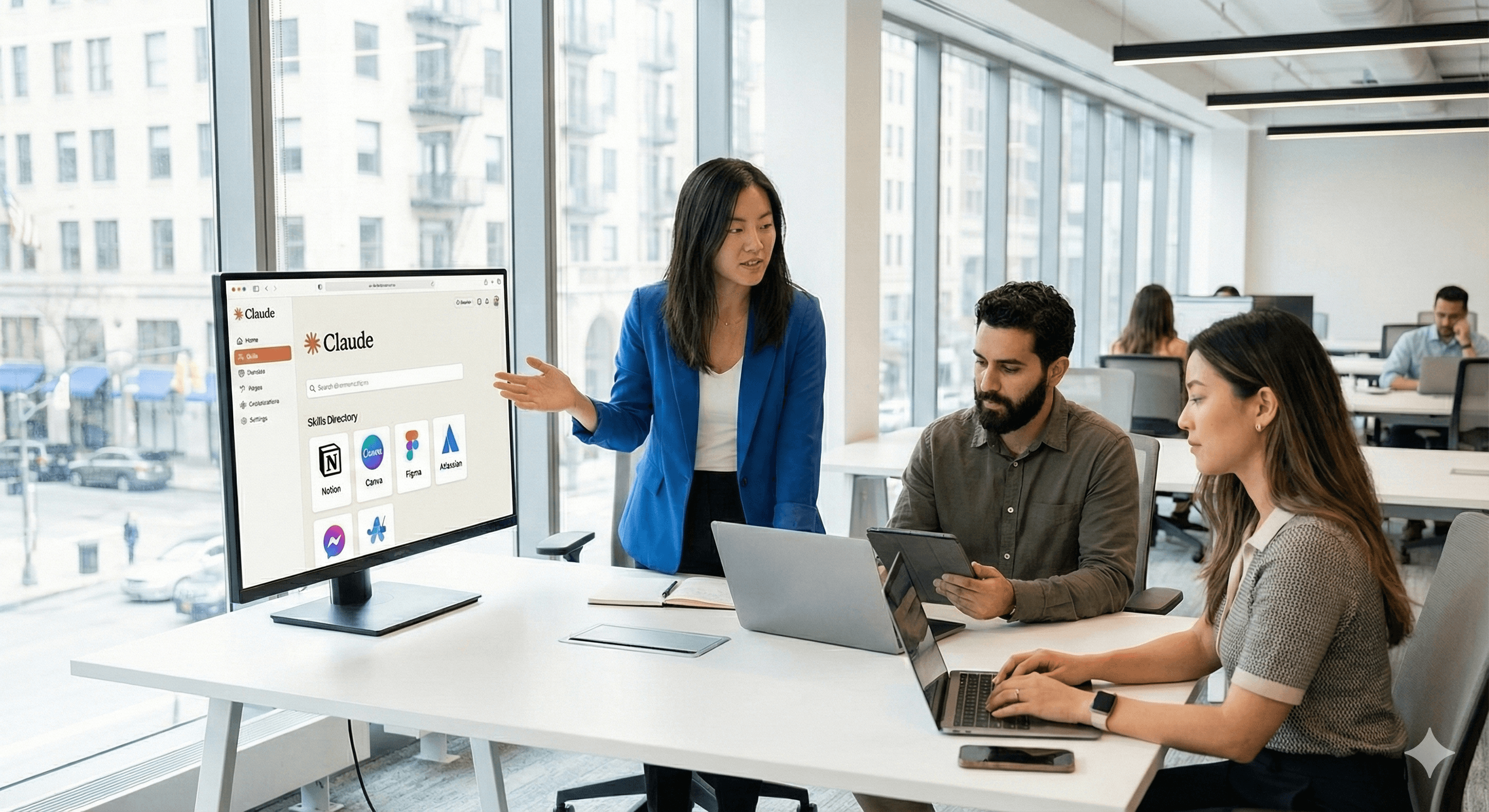 A professional office setting where three colleagues are collaborating around a table with laptops, while one stands and gestures towards a large screen displaying a dashboard titled "Claude Skills."