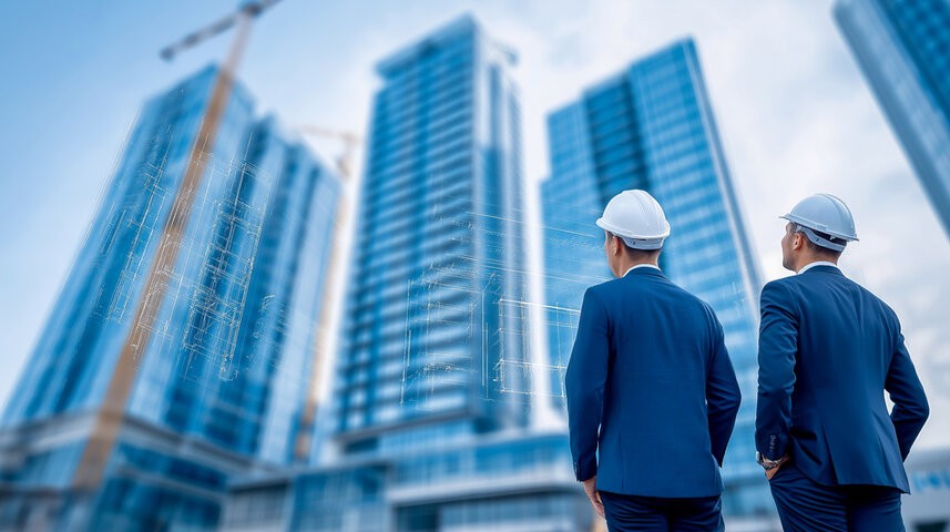 Professional engineers or site surveyors wearing a protective construction helmet looking at an ongoing building structure 