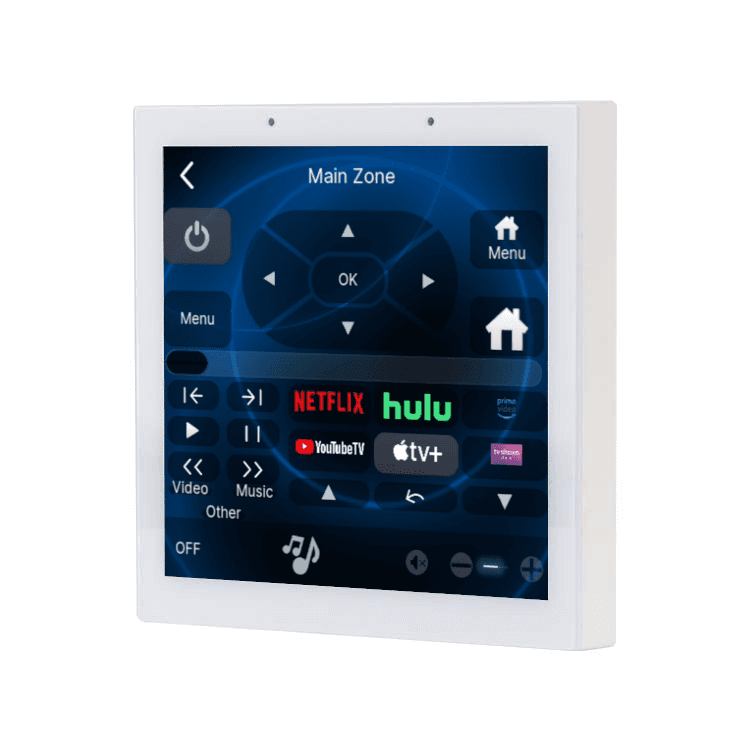Wall-mounted touchscreen control panel with media apps.