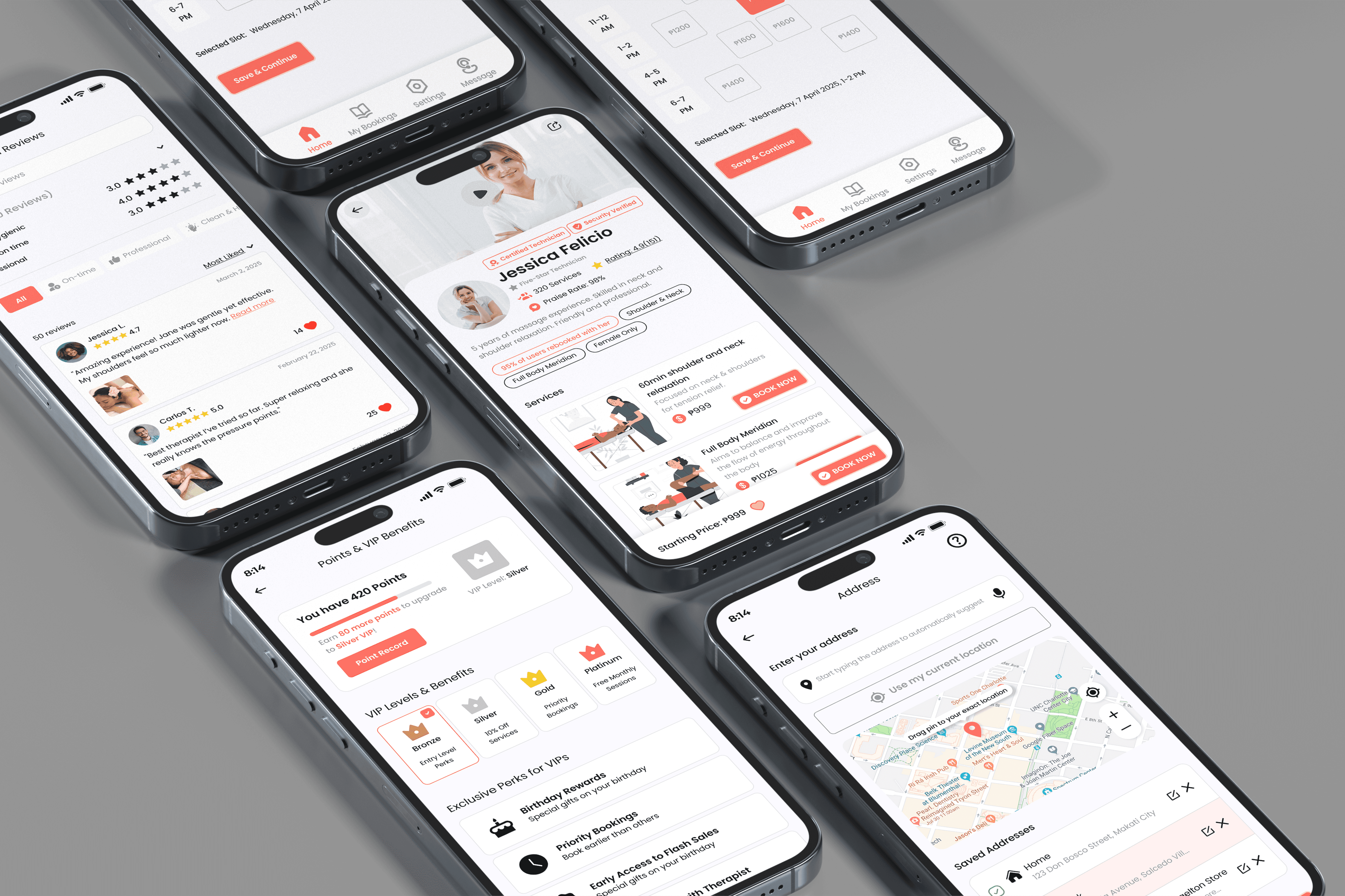 Mockups of Wellness service mobile app UI/UX design connecting users with professional therapists.
