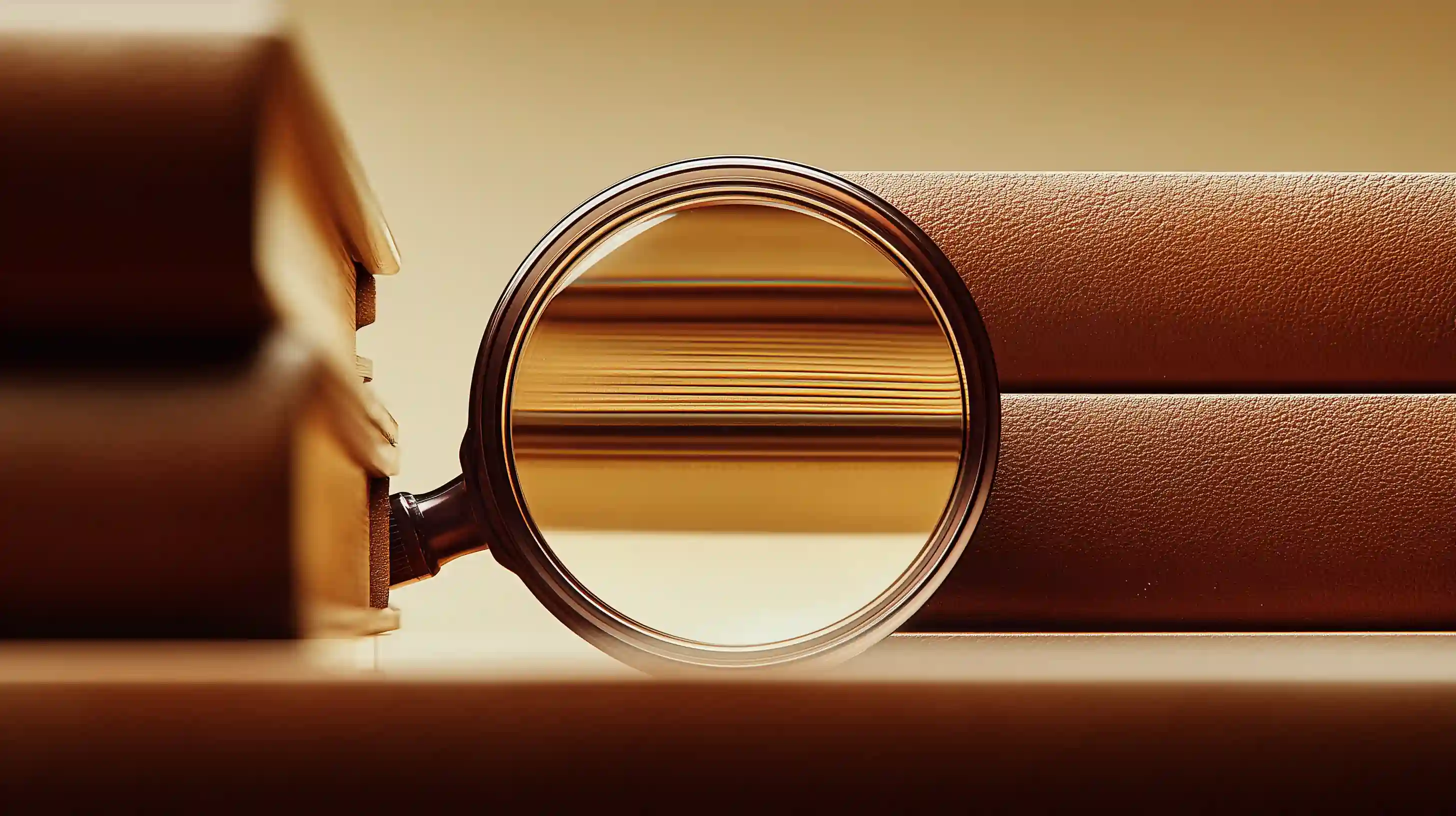 Close-up of stacked leather-bound books with a magnifying glass, representing deep research.