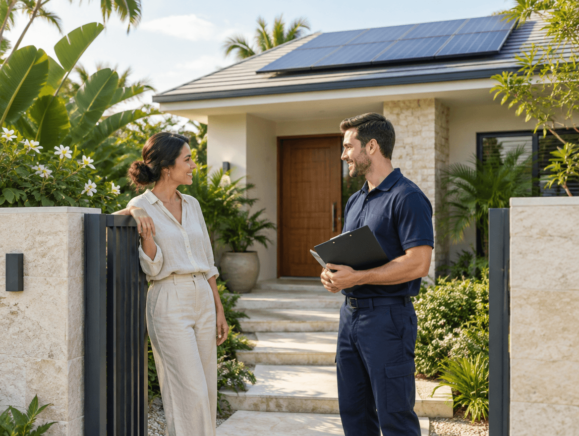 Illustrative resident and technician outside a home with rooftop solar.
