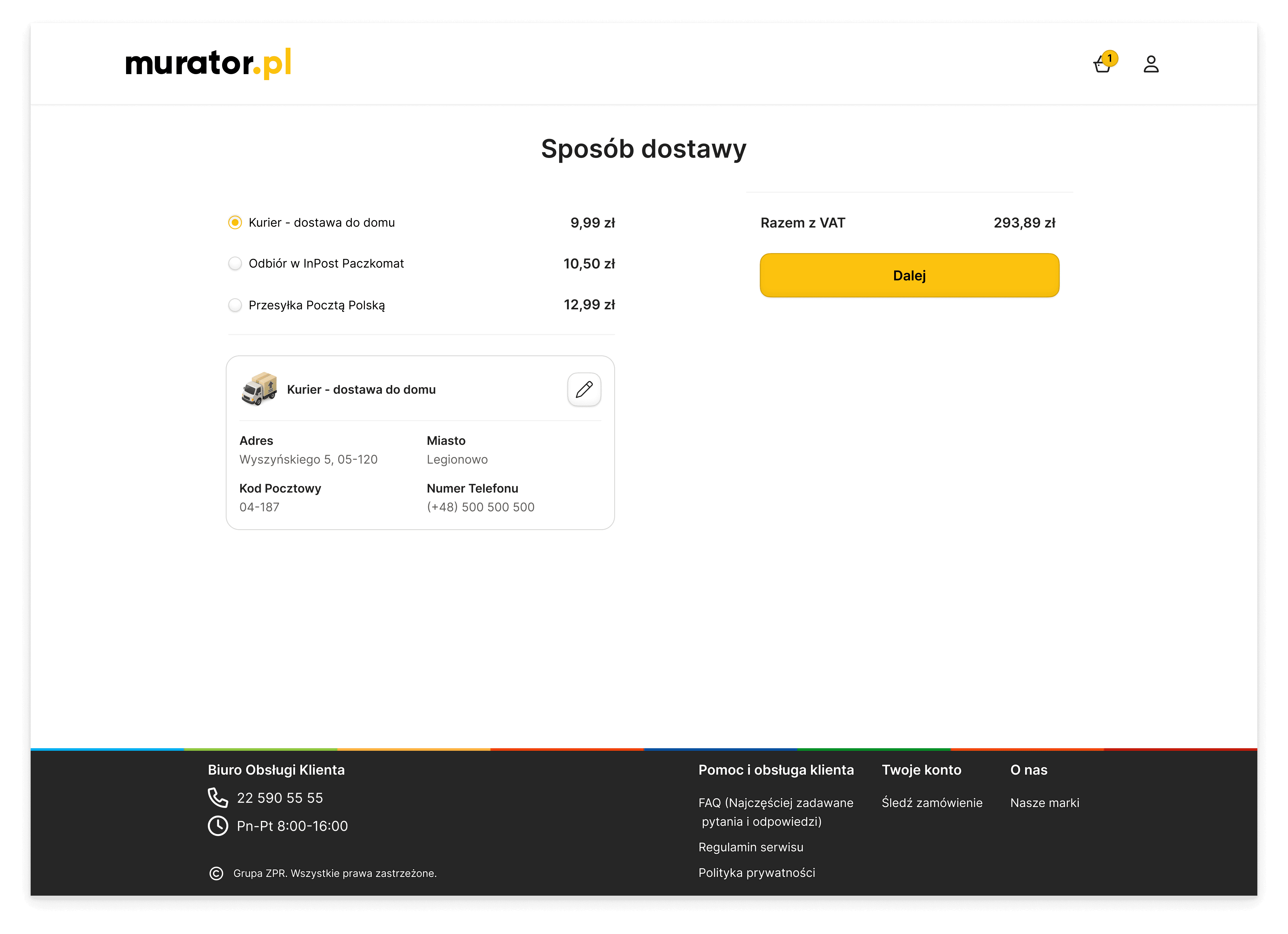 Alt Text (English) "A side-by-side UI design showcase of the Murator delivery selection screen for both desktop and mobile platforms. The interface features a clean white layout with a 12-column grid, displaying delivery options like 'Courier' and 'InPost', a detailed address card with edit icons, and a prominent yellow 'Next' (Dalej) call-to-action button. The design includes a dark footer with customer service information and brand logos.