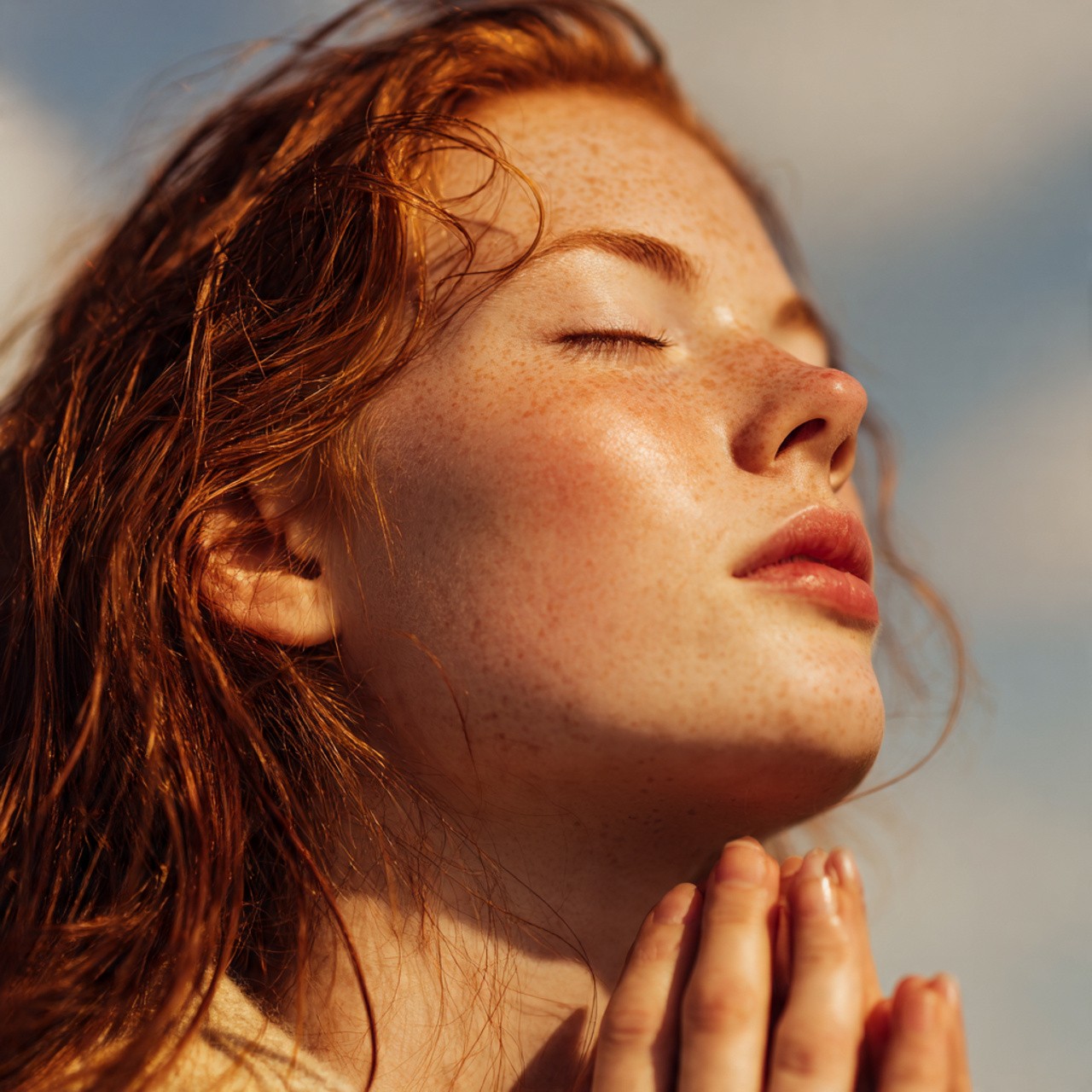 Redheaded woman with wet hair praying during a golden sunset.