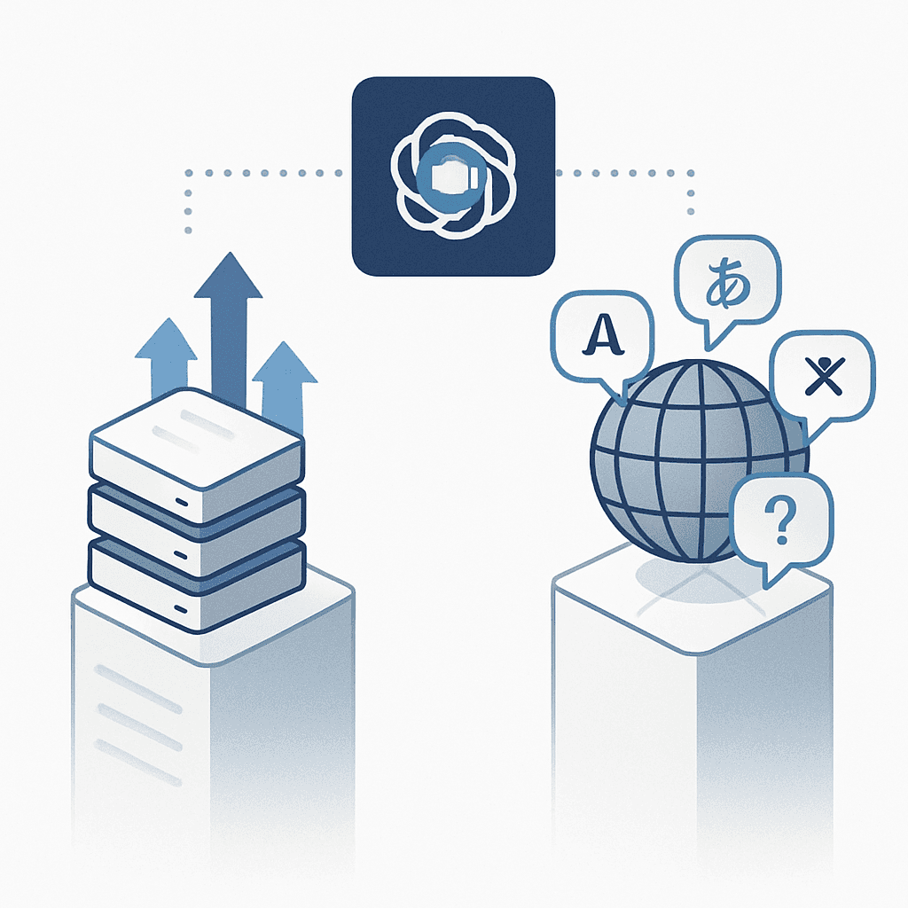 Isometric comparison of massive prompt processing capacity versus multilingual GEO coverage across a globe