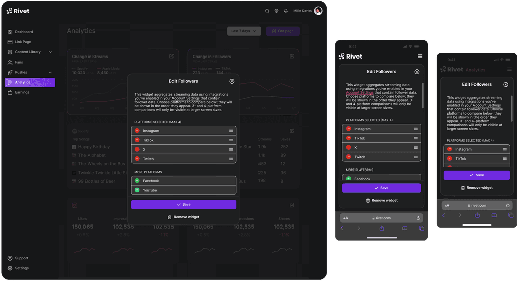 Mockups on desktop and mobile of an individual widget's edit mode, in which the user can choose which metrics are shown.