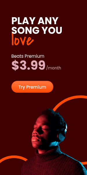Music streaming ad featuring a man wearing headphones with a Beats Premium subscription offer for $3.99 per month.
