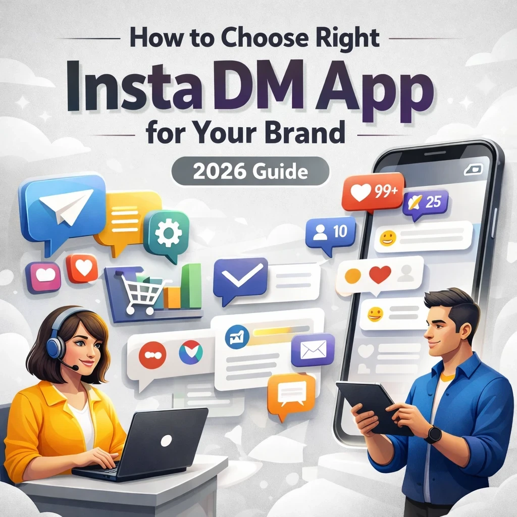 “Professional blog cover illustration showing a marketer using a laptop and another using a tablet with Instagram direct message icons, chat notifications, and analytics elements on a grey and white background, titled ‘How to Choose Right Insta DM App for Your Brand – 2026 Guide’.”