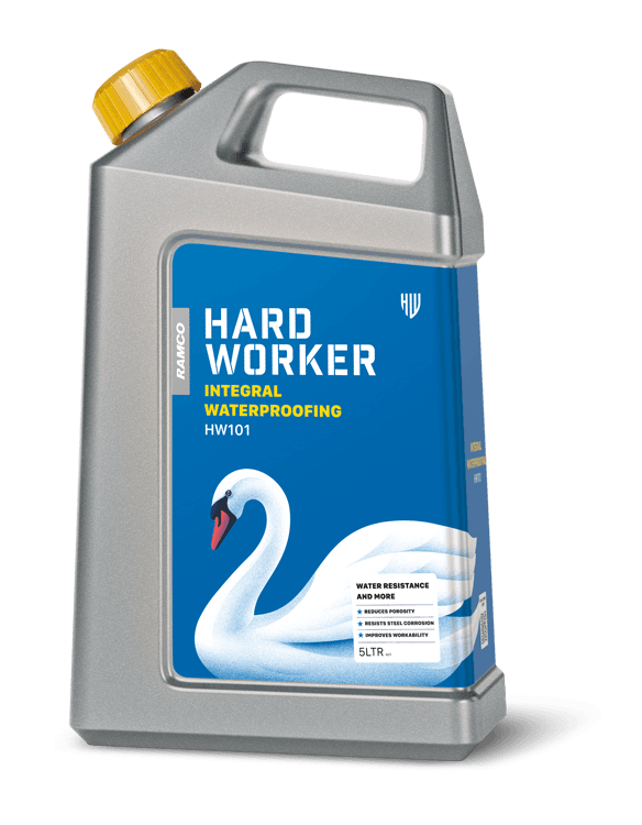 Hard Worker Integral Waterproofing compound for adding in all concrete mixes. Reduces porosity and steel corrosion.