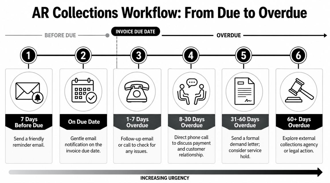 A flowchart diagram illustrating a six-step accounts receivable collections process from invoice due to long-term overdue.
