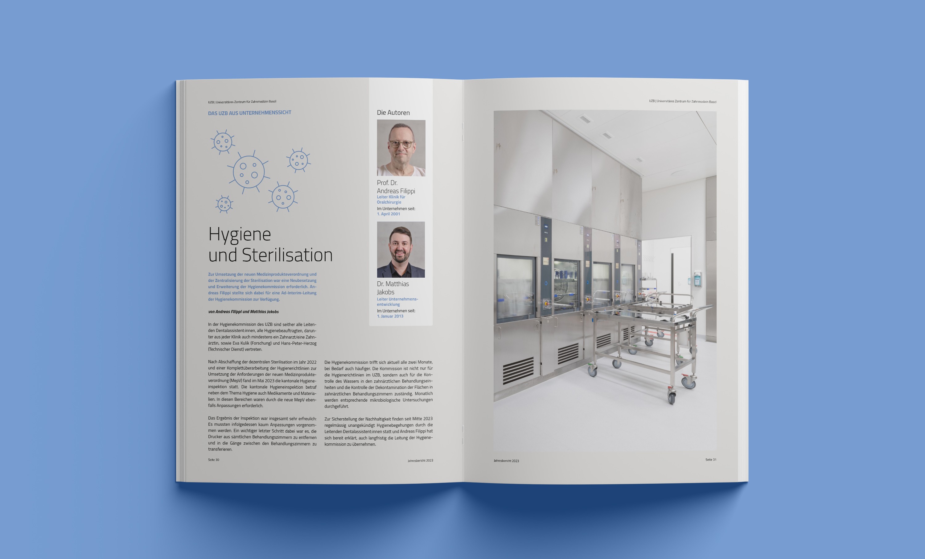 Layoutgestaltung des UZB Jahresberichts 2023 – präzise Rasterstruktur und klare Hierarchie im Editorial Design