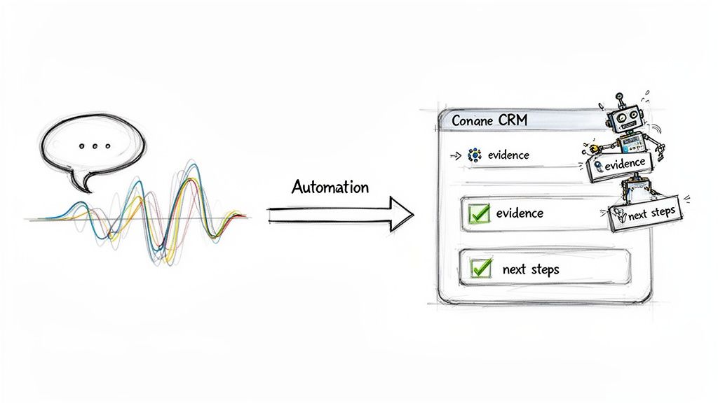 Speech data and audio waveforms are automated into a Conane CRM, creating tasks and evidence.