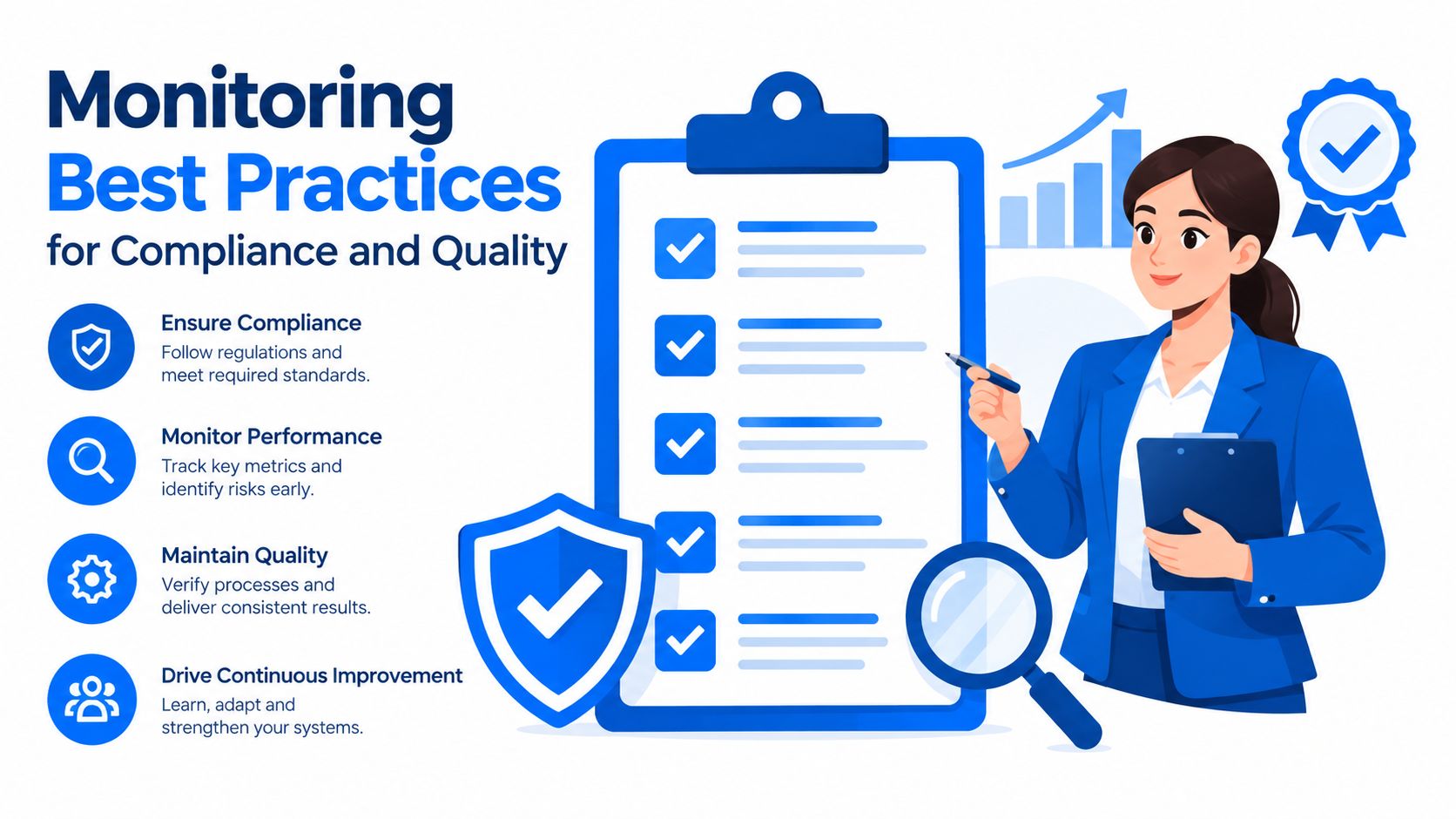 A professional woman in a blue suit reviewing compliance and quality metrics on a digital checklist.