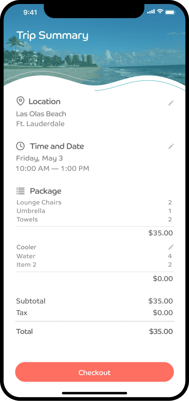 Mobile app screen showing a trip summary with a checkout button at the bottom.