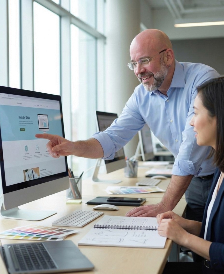 Mark Hennick working with a colleague on a web design project