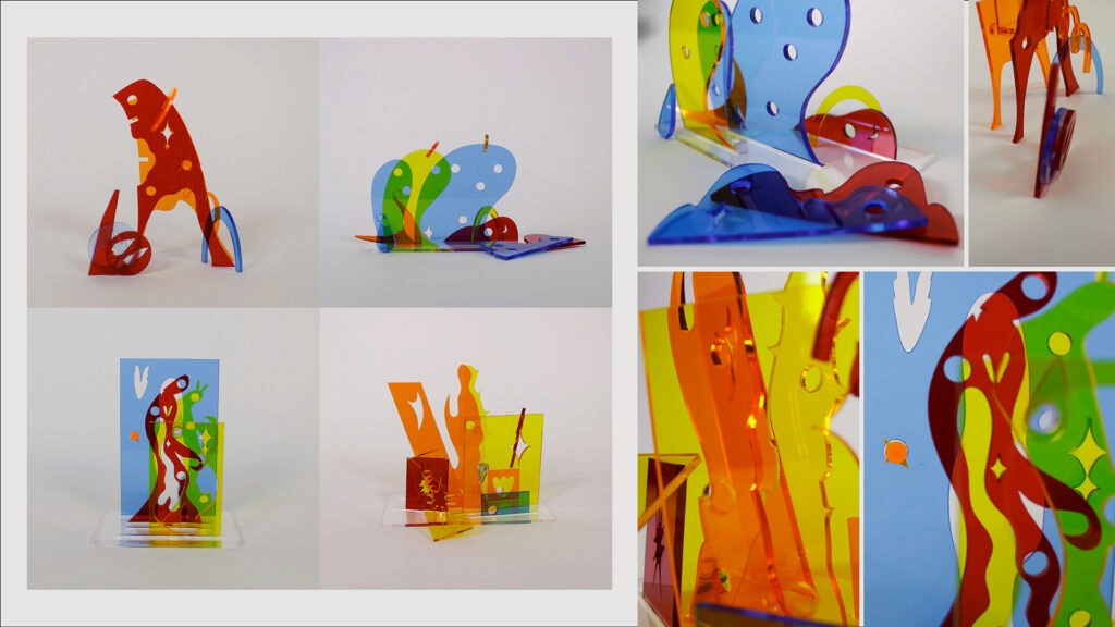 two photos of colorful cut out shapes and two close up photos of those shapes