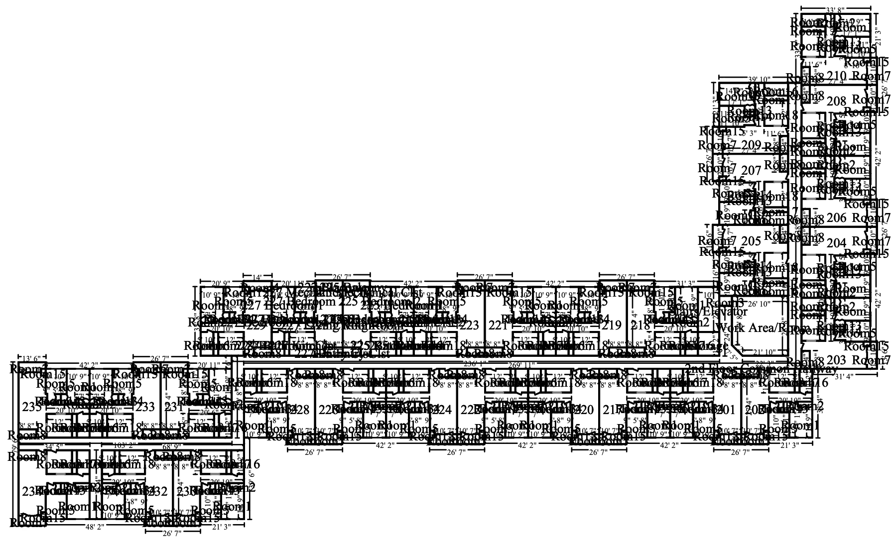 A crop of a dense PDF sketch page with overlapping room labels and dimension lines obscuring measurements.