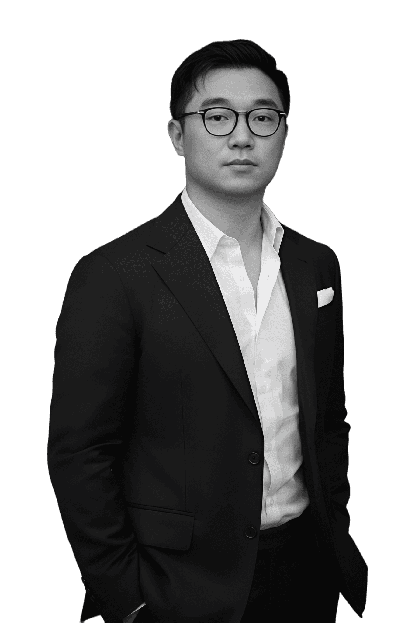 Professional woman in a suit standing in an office setting. (Background Removed) (Background Removed)