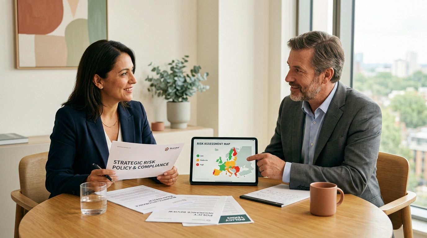 Dos profesionales discutiendo un mapa de evaluación de riesgos y políticas de cumplimiento en una reunión de negocios.