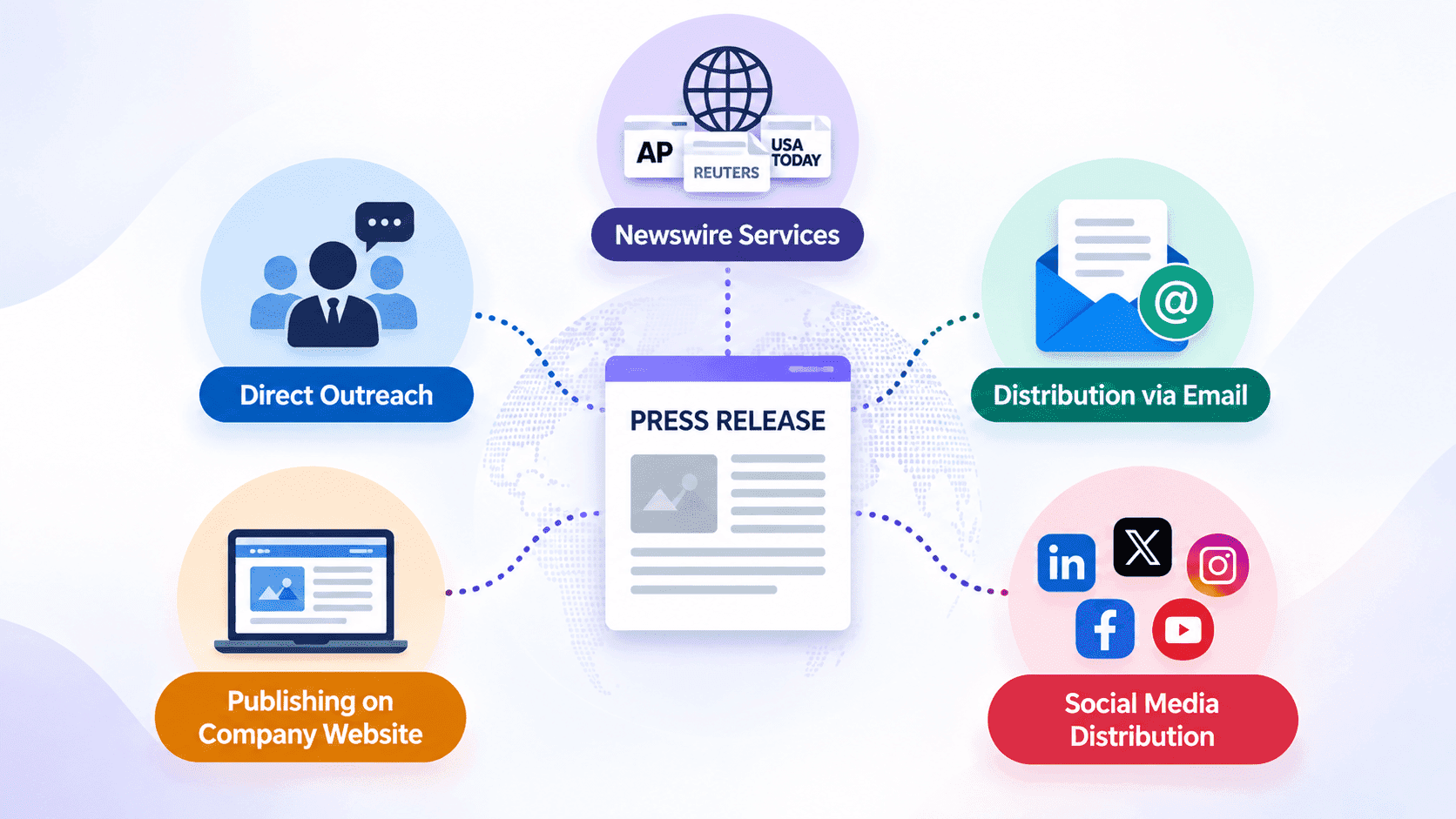 Infographic of a central press release linked to newswire services, direct outreach, company website, email, and social media distribution.