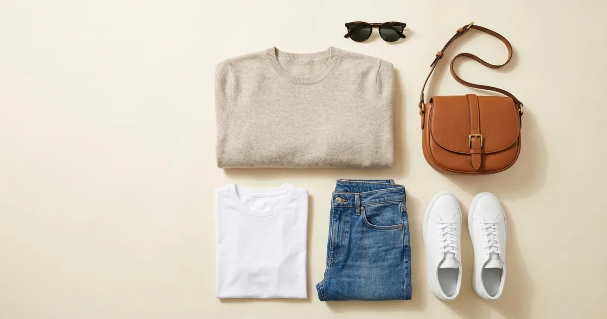 Oatmeal cashmere sweater, white tee, mid-wash jeans, tan leather crossbody bag, sunglasses, and white sneakers on a warm ivory surface