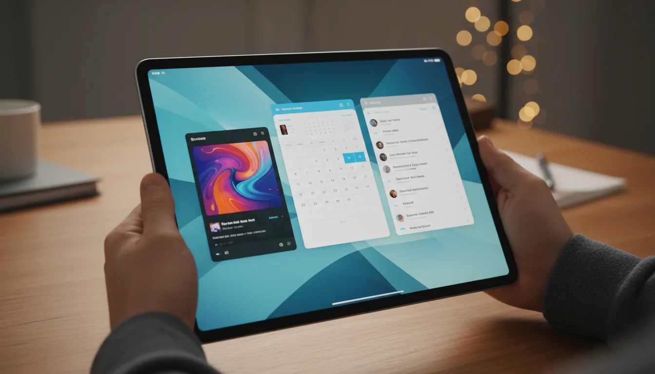DSLR photography of a modern black iPad Pro, held at an angle over a warm wooden desk. The screen is on, displaying the iPadOS interface in a clean light mode with a multitasking layout showing three overlapping app windows: a music player with abstract album art, a calendar, and an email client with UI elements. The device has a vibrant blue and teal abstract wallpaper. The scene is illuminated by soft studio lighting, with the background showing a shallow depth of field and soft bokeh. Sharp focus is on the glossy iPad screen.