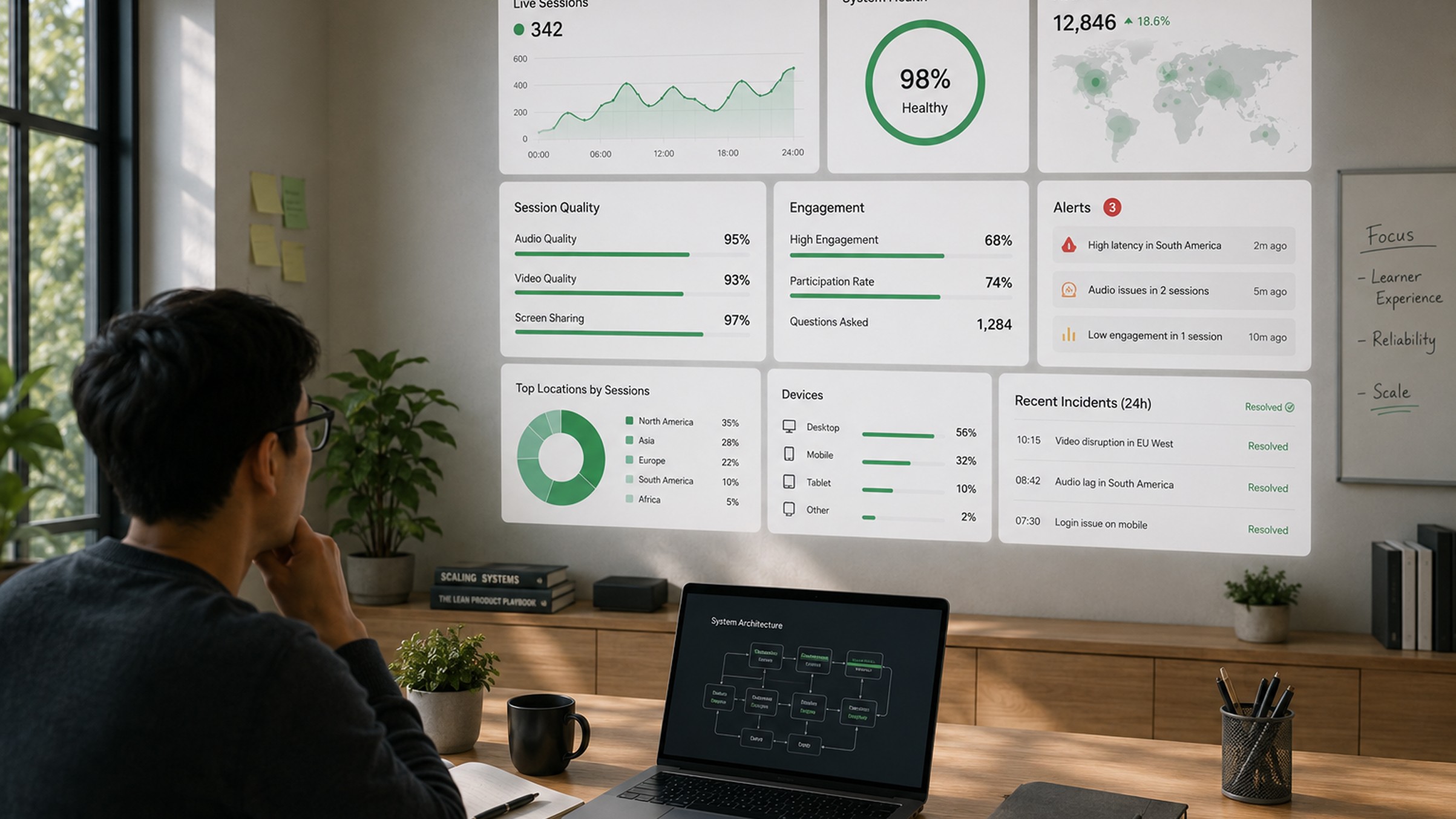 Virtual classroom platform dashboard with operational visibility for live sessions, engagement, system health, and incidents