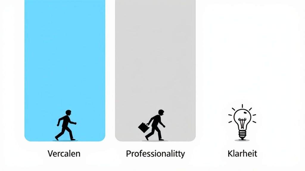 Drei Bilder zeigen eine Entwicklung von 'Vercalen' zu 'Professionalitty' (Geschäftsmann) und 'Klarheit' (Glühbirne).