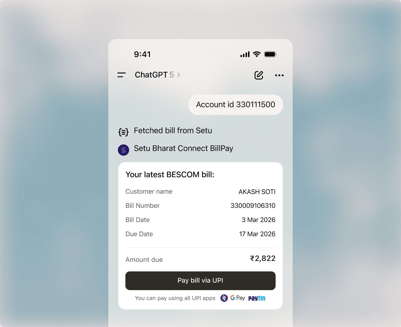 A chat assistant fetching a BESCOM electricity bill through Setu Bharat Connect