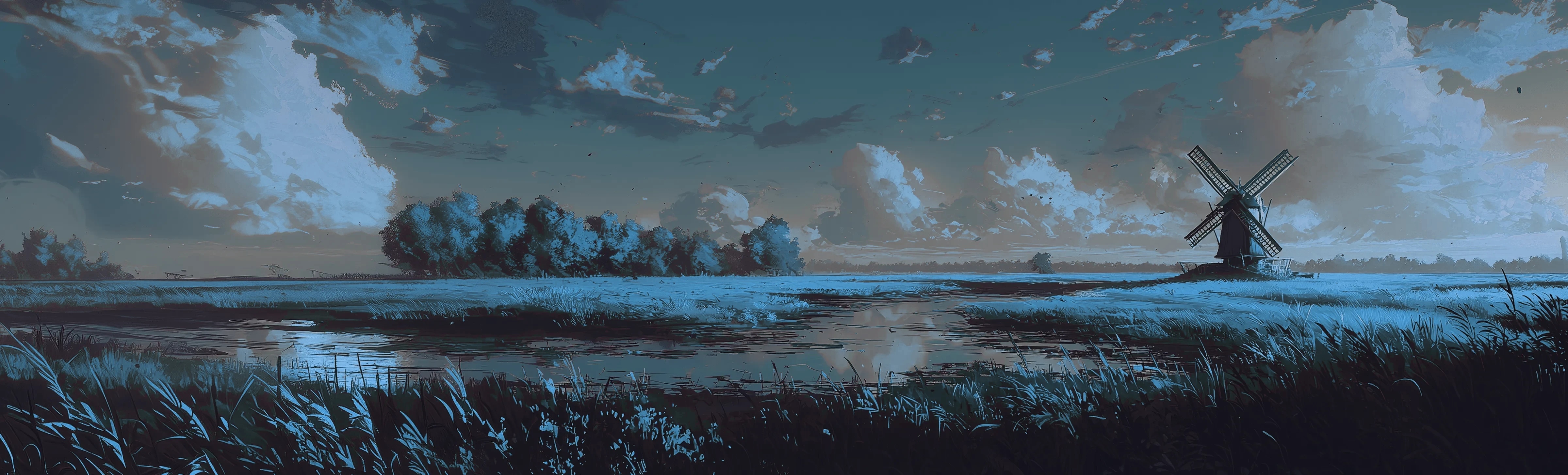 Digital painting of a windmill beside a reflective stream in a warm orange field under a dramatic sunset sky