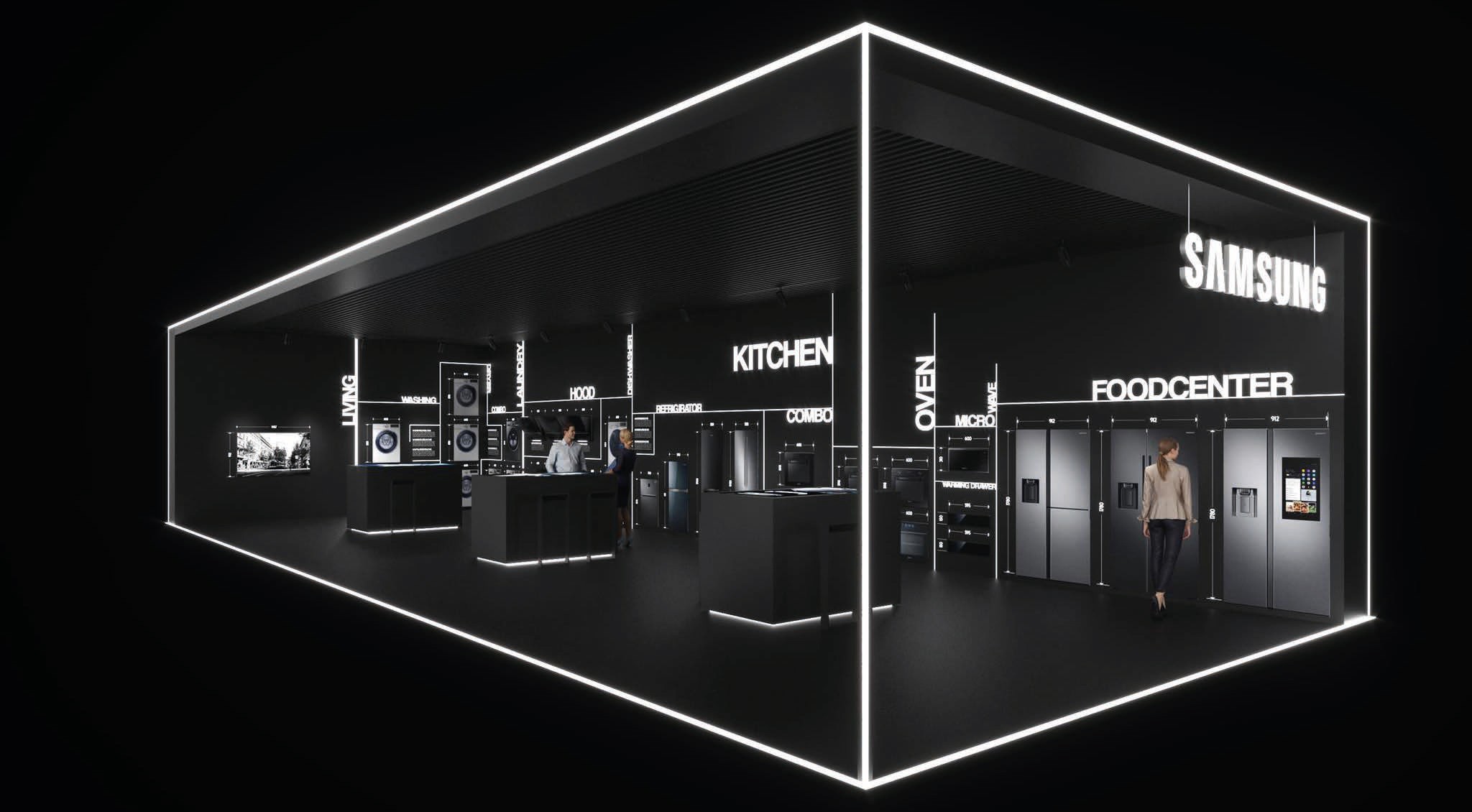 Booth SAMSUNG deign concept exbition retail and musal black and white lighting design 
